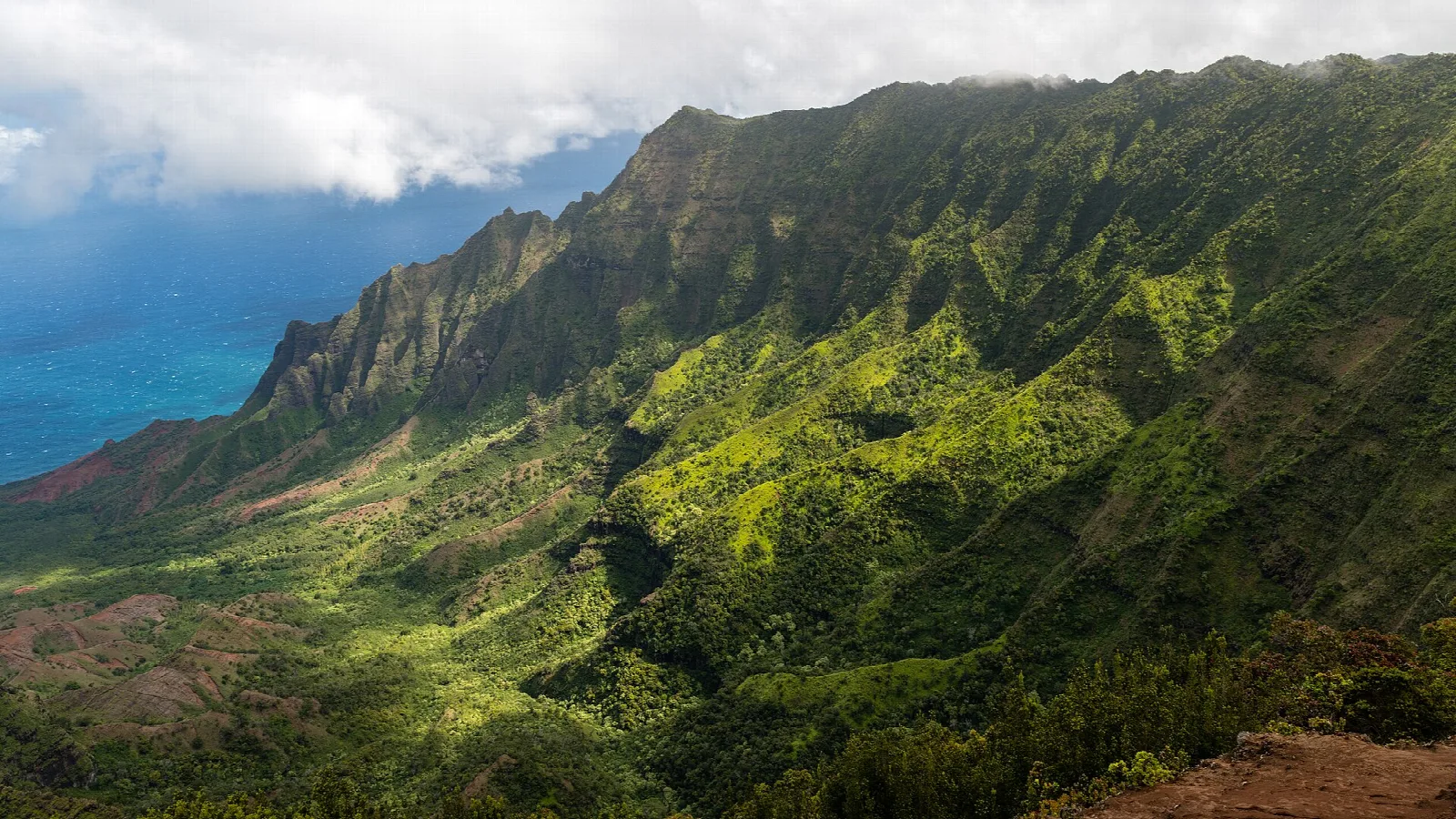 Green, steep Kalalau Valley ridges falling toward the sea under clouds