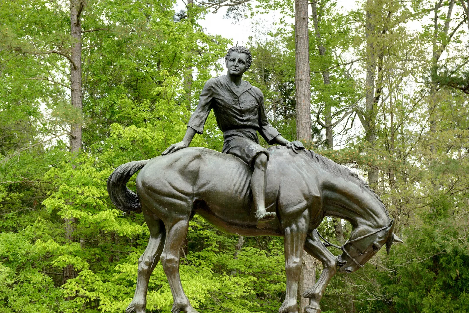 Bronze statue of a boy seated on a horse among green trees