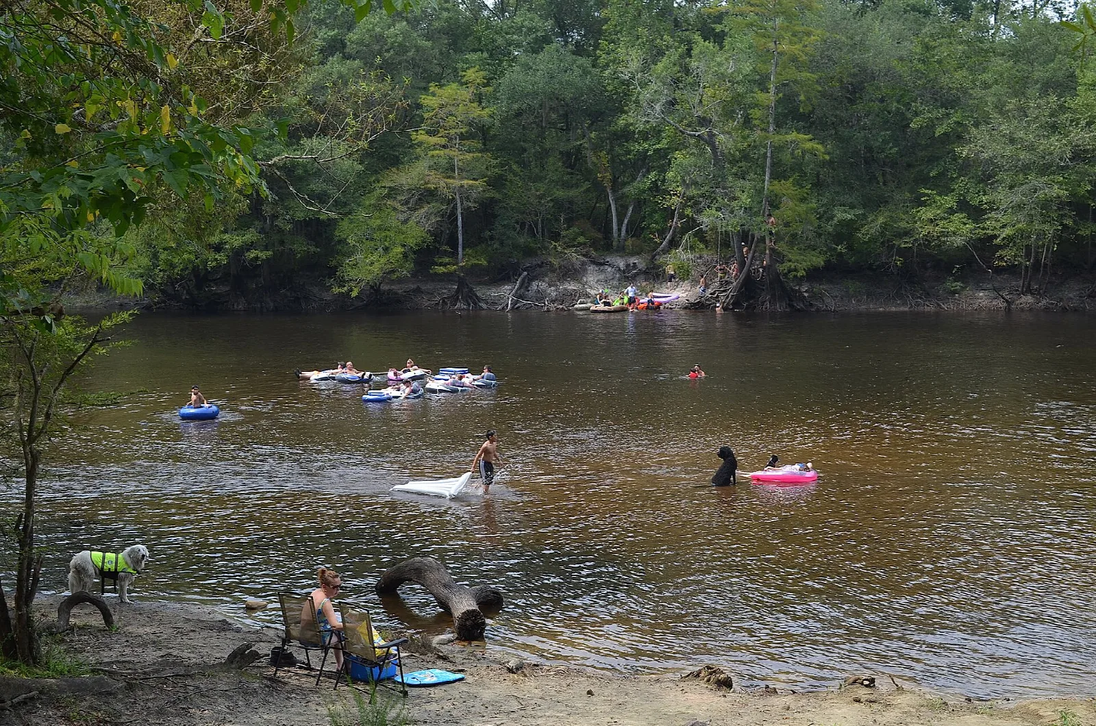 People floating on tubes in a brown river with a sandy bank