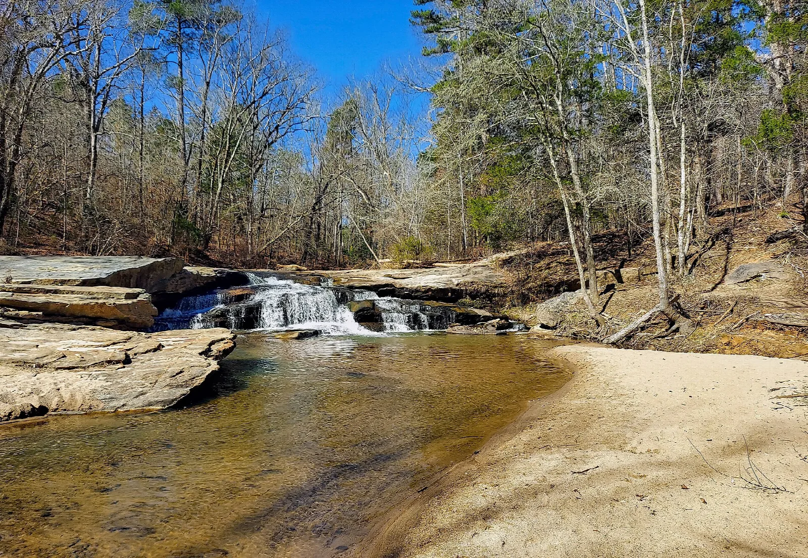 Small waterfall over flat rock into a sandy creek, with bare trees around