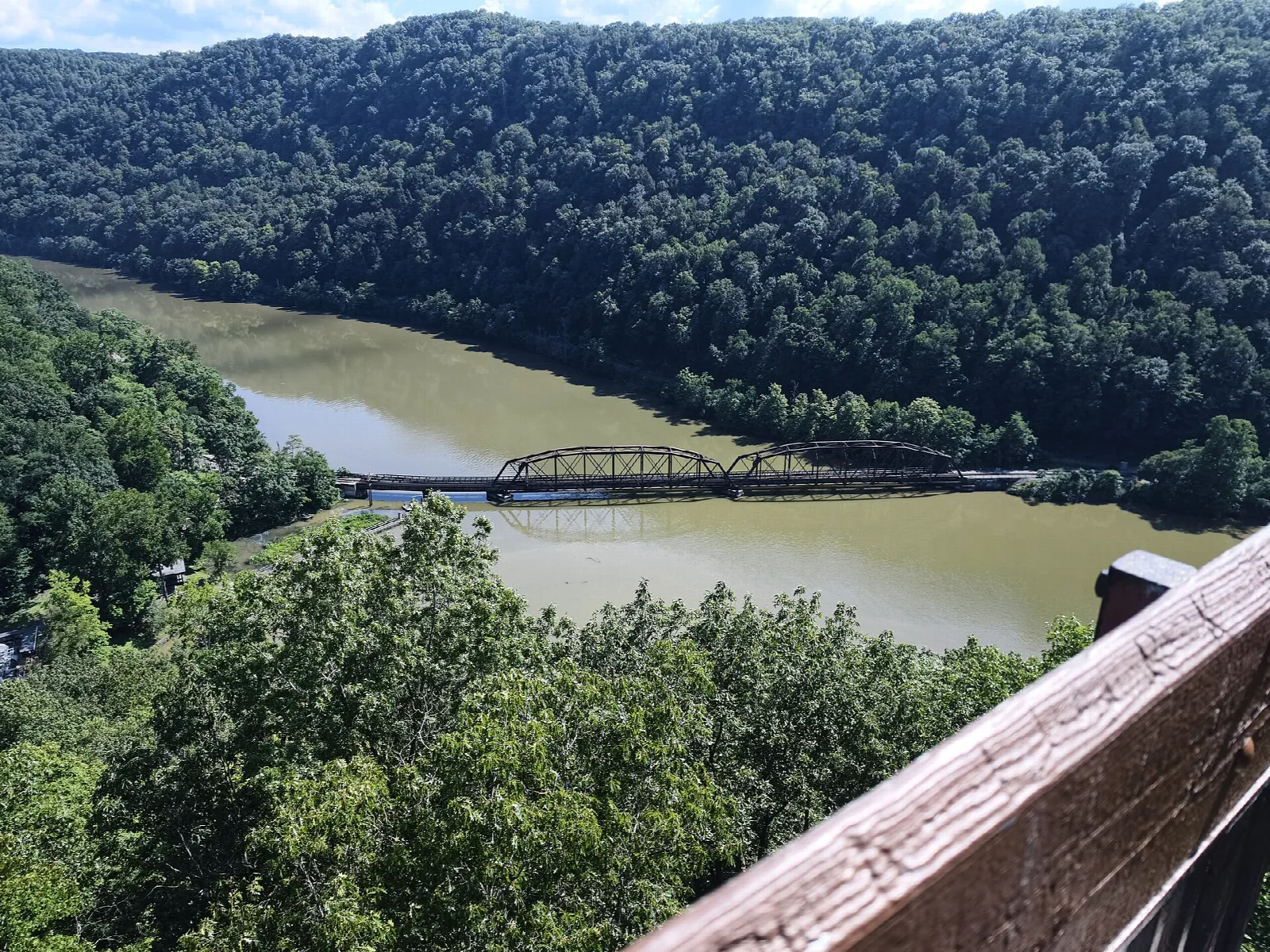 Wooded gorge and a river with a rail bridge, seen past a wooden railing