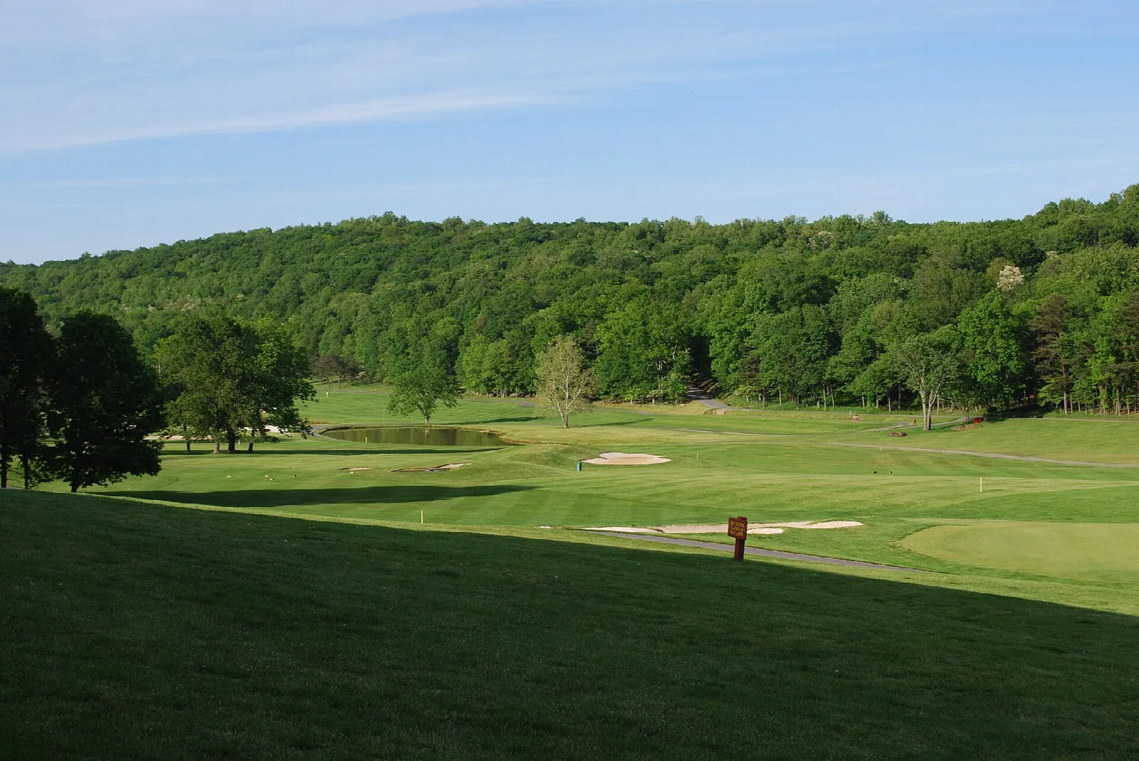 Golf course fairway beside a wooded hillside