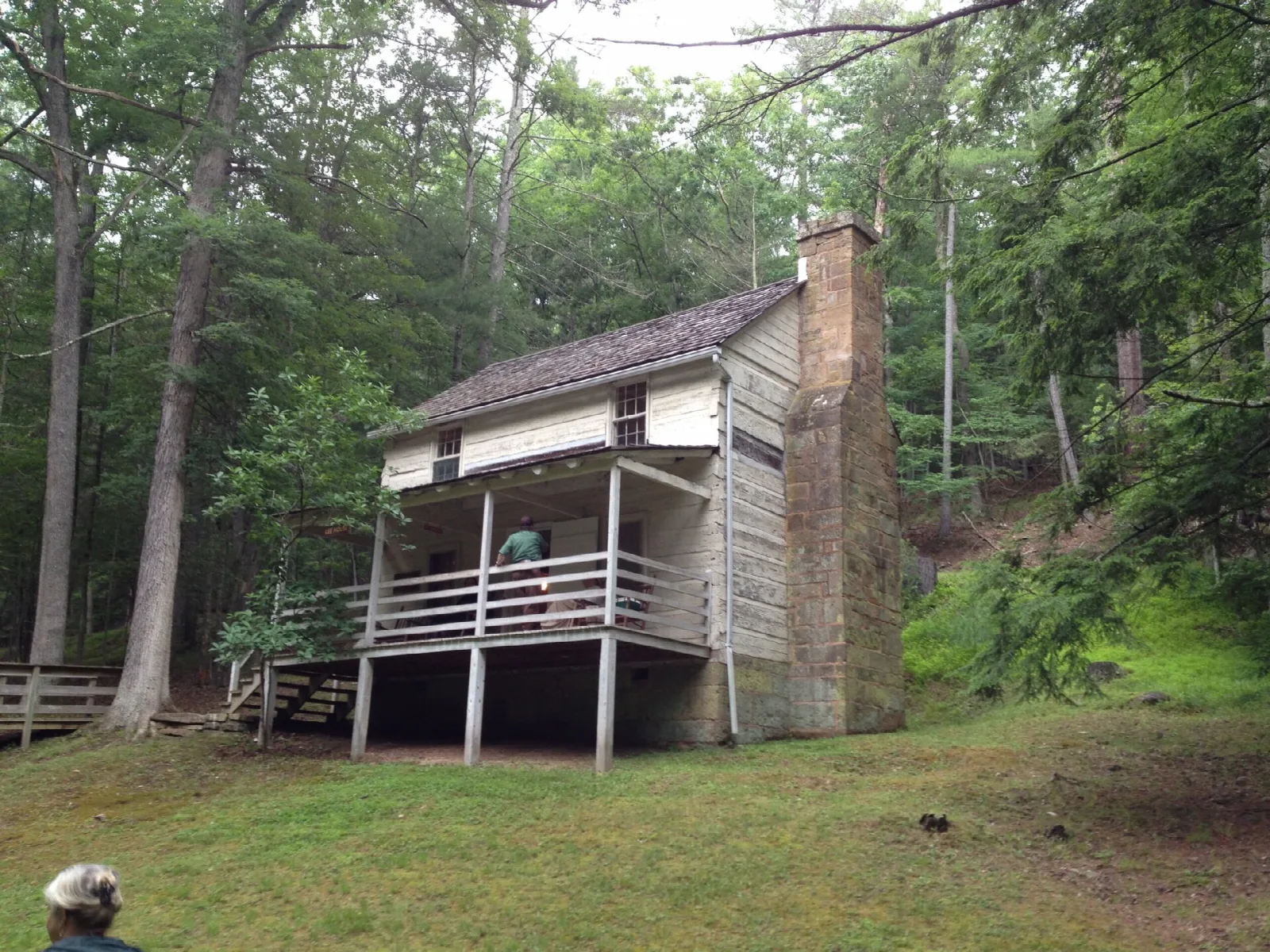 Wooden cabin with a chimney and a raised porch among tall trees