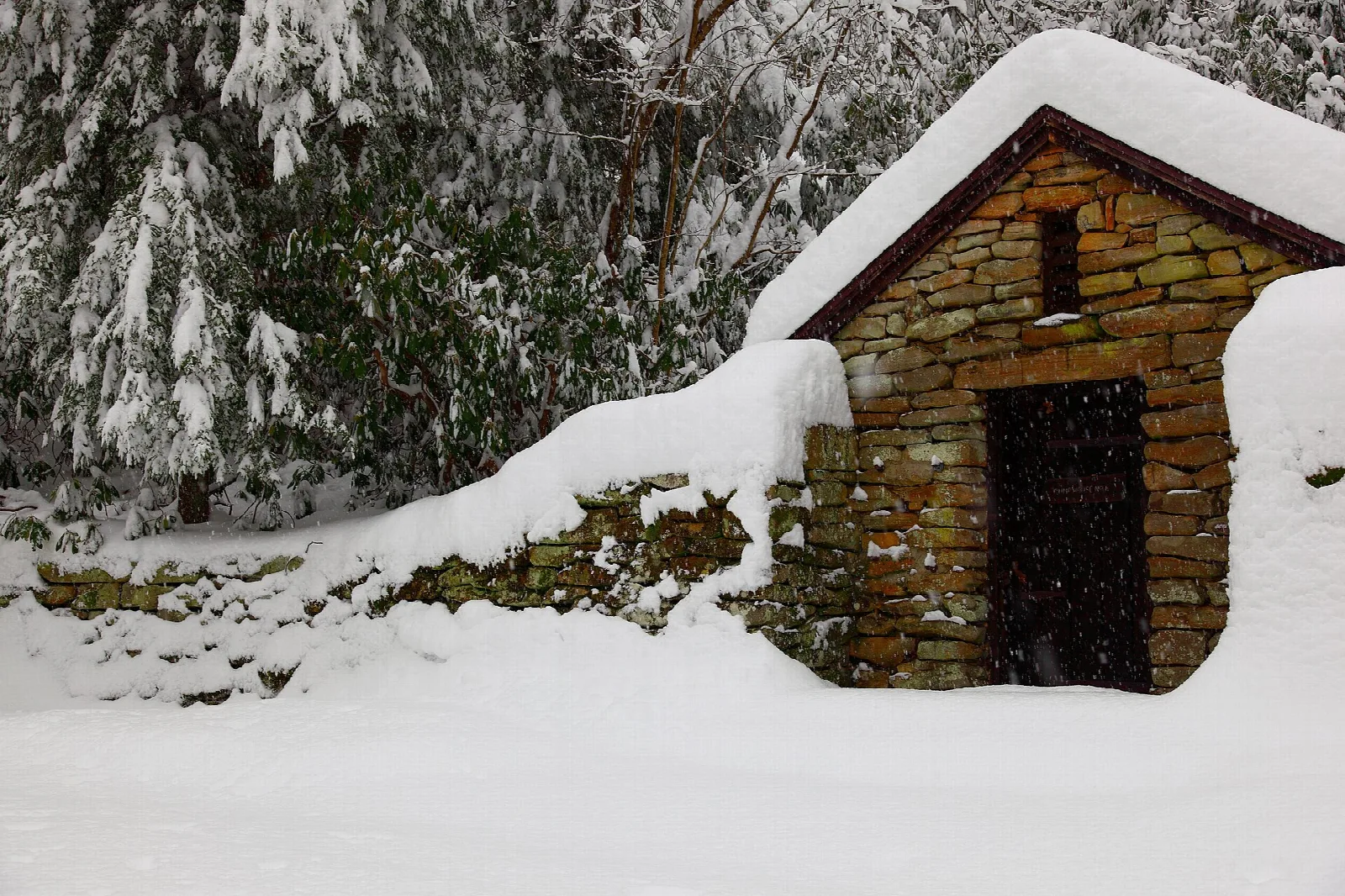 Stone building buried in snow among snowy trees