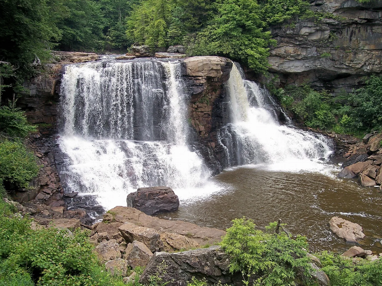 Two-part waterfall dropping over rock into a brown pool, with green forest around
