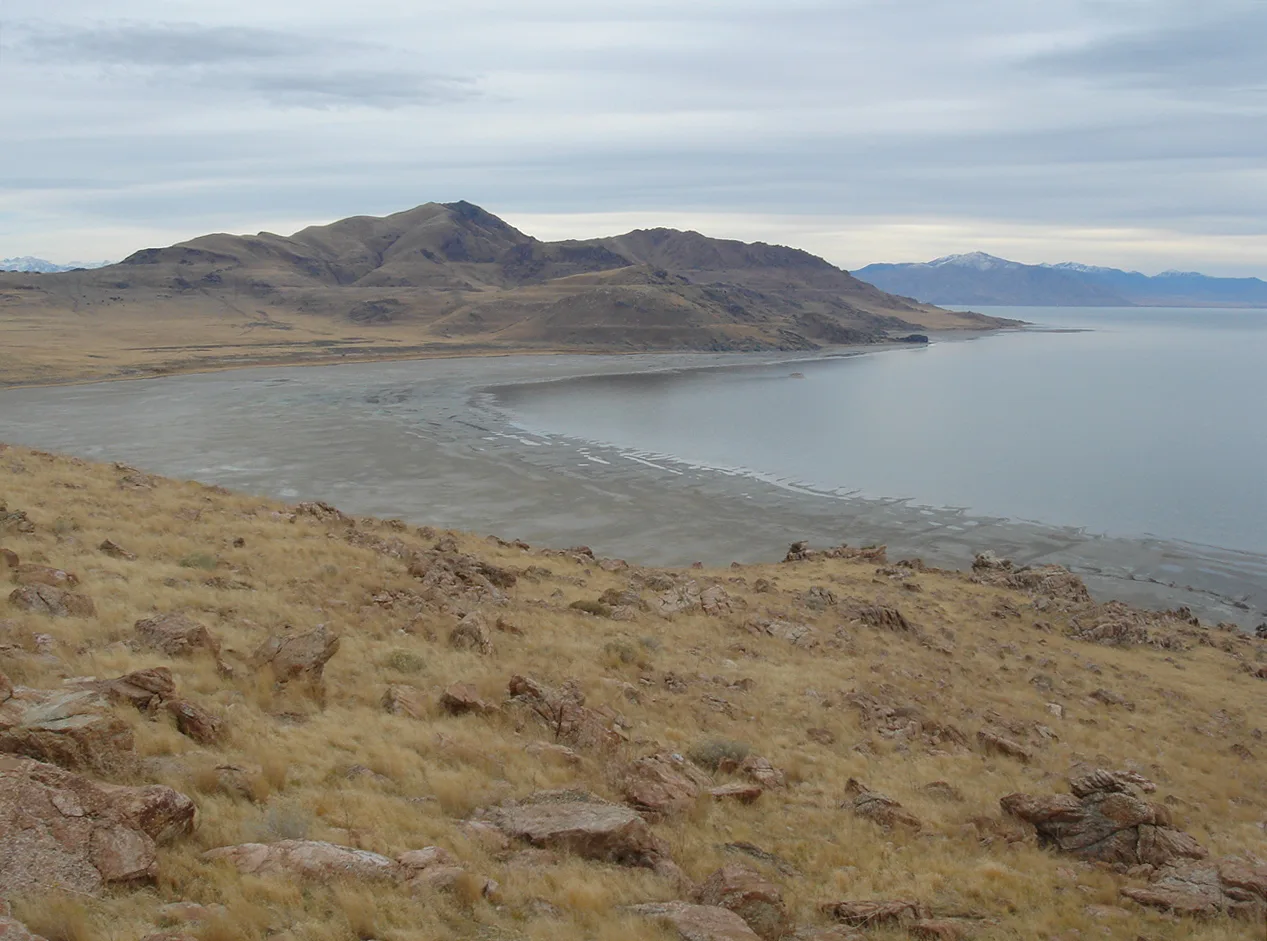 Curving beach and calm lake seen from a grassy hillside