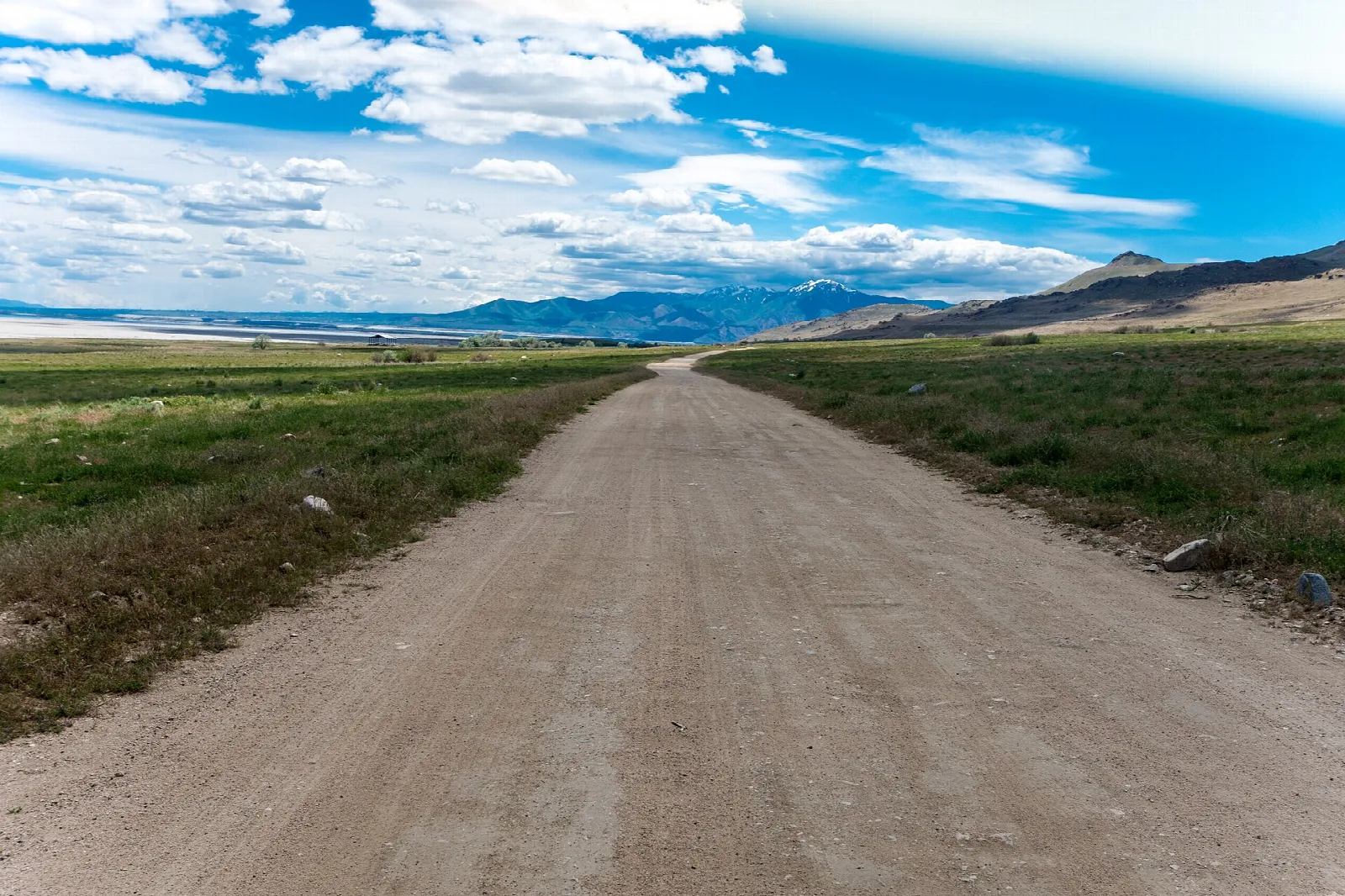 Dirt road running through green grass toward mountains and a lake