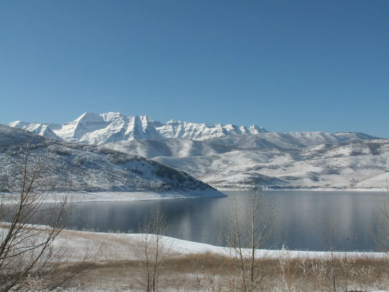 Snowy mountain range beyond a reservoir with reeds in the foreground