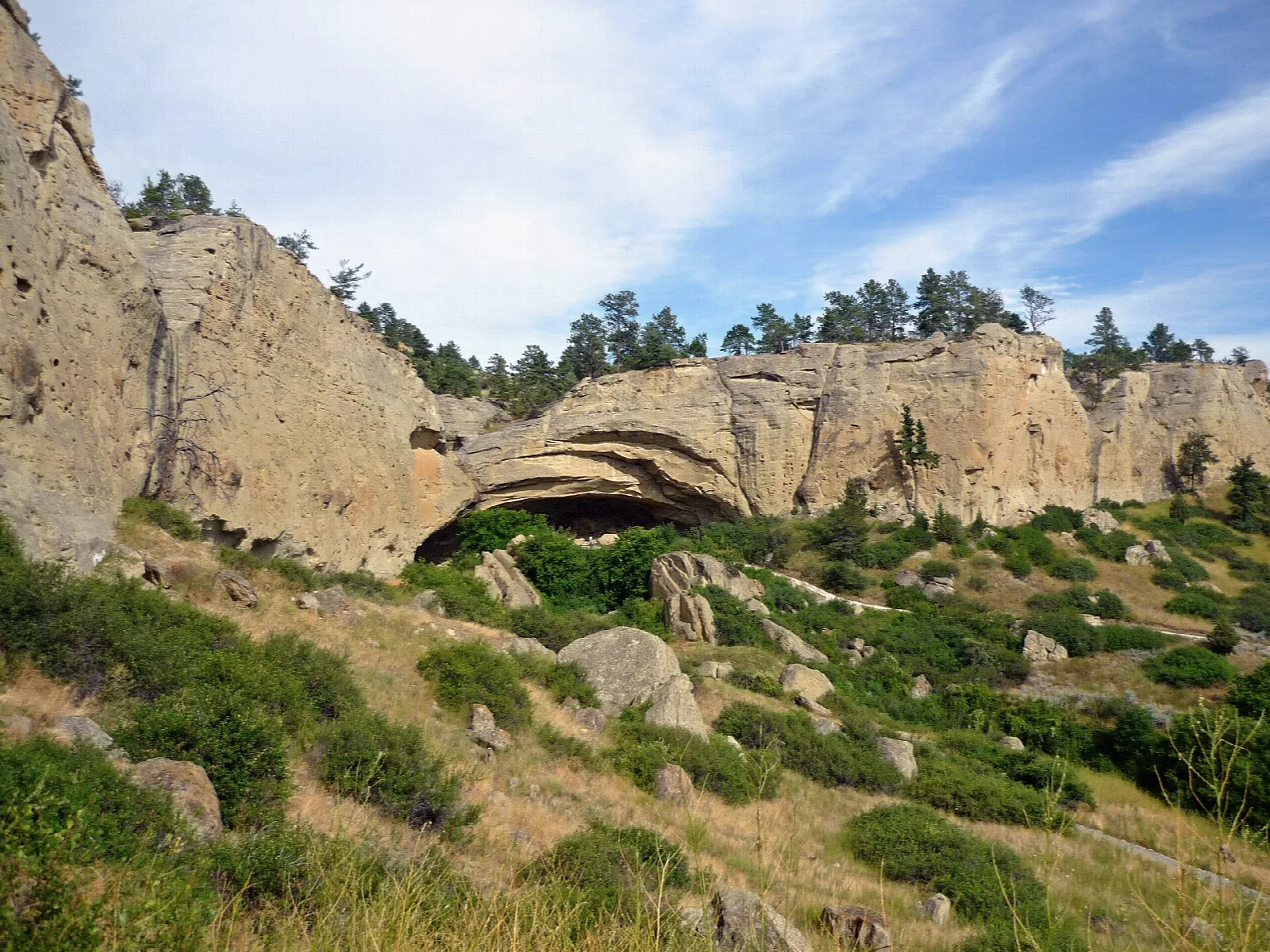 Sandstone cliff with a cave opening above a grassy slope and trees