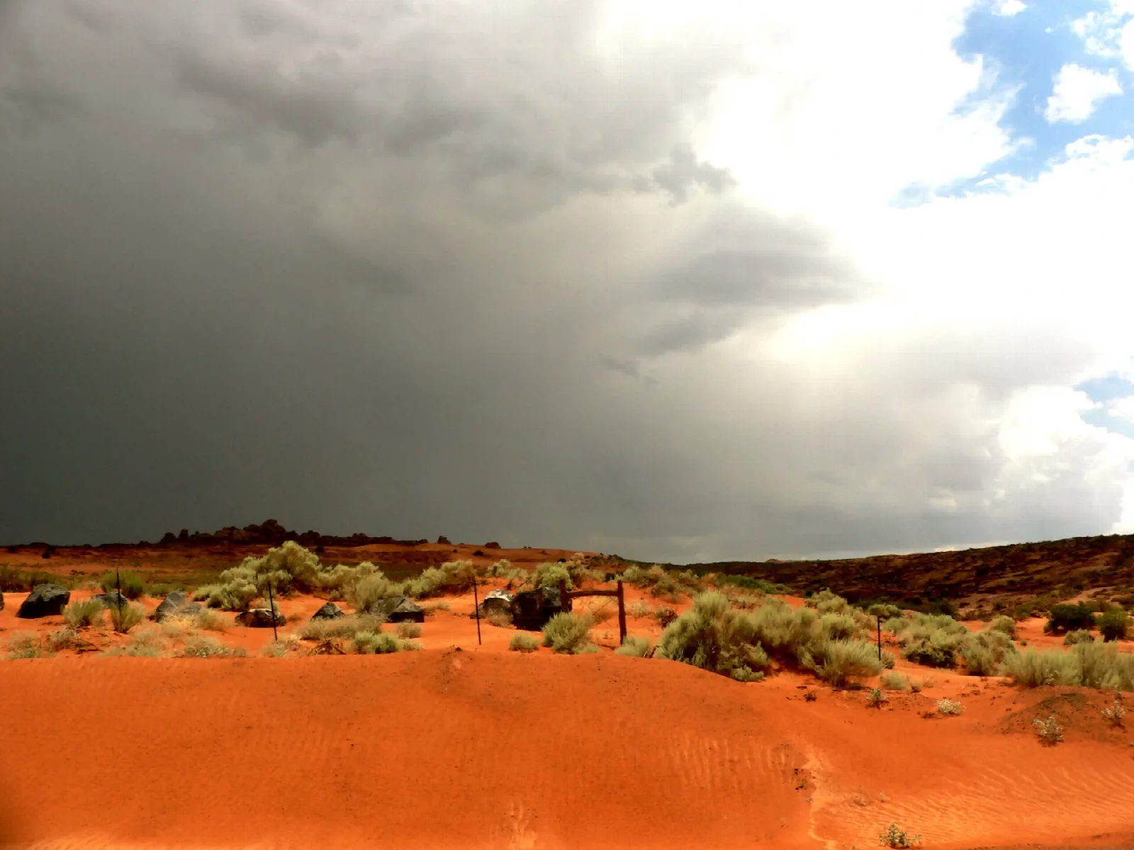 Red sand and desert shrubs under a dark storm cloud