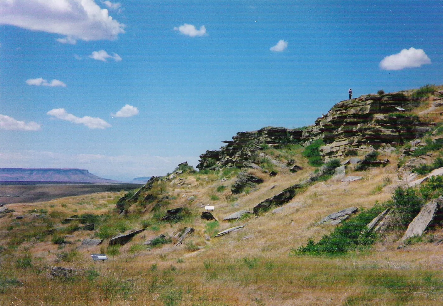 Rocky sandstone cliff slope with grass under a blue sky