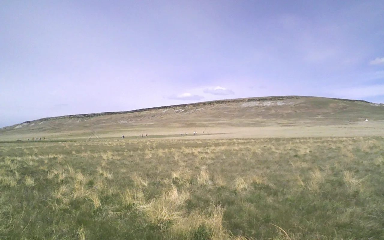 Long grassy plateau with a low sandstone cliff edge under a pale sky