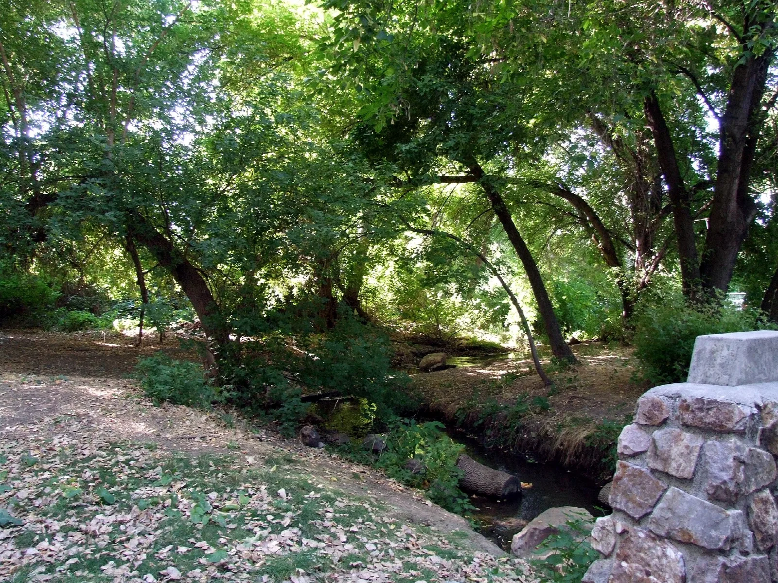 Shady green trees over a dirt path beside a stone post