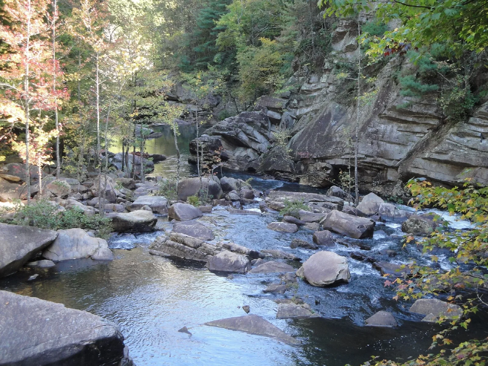 Shallow river running over boulders at the bottom of a rocky gorge