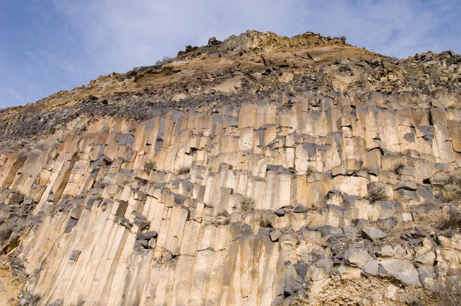 Tall columns of basalt rock on a hillside