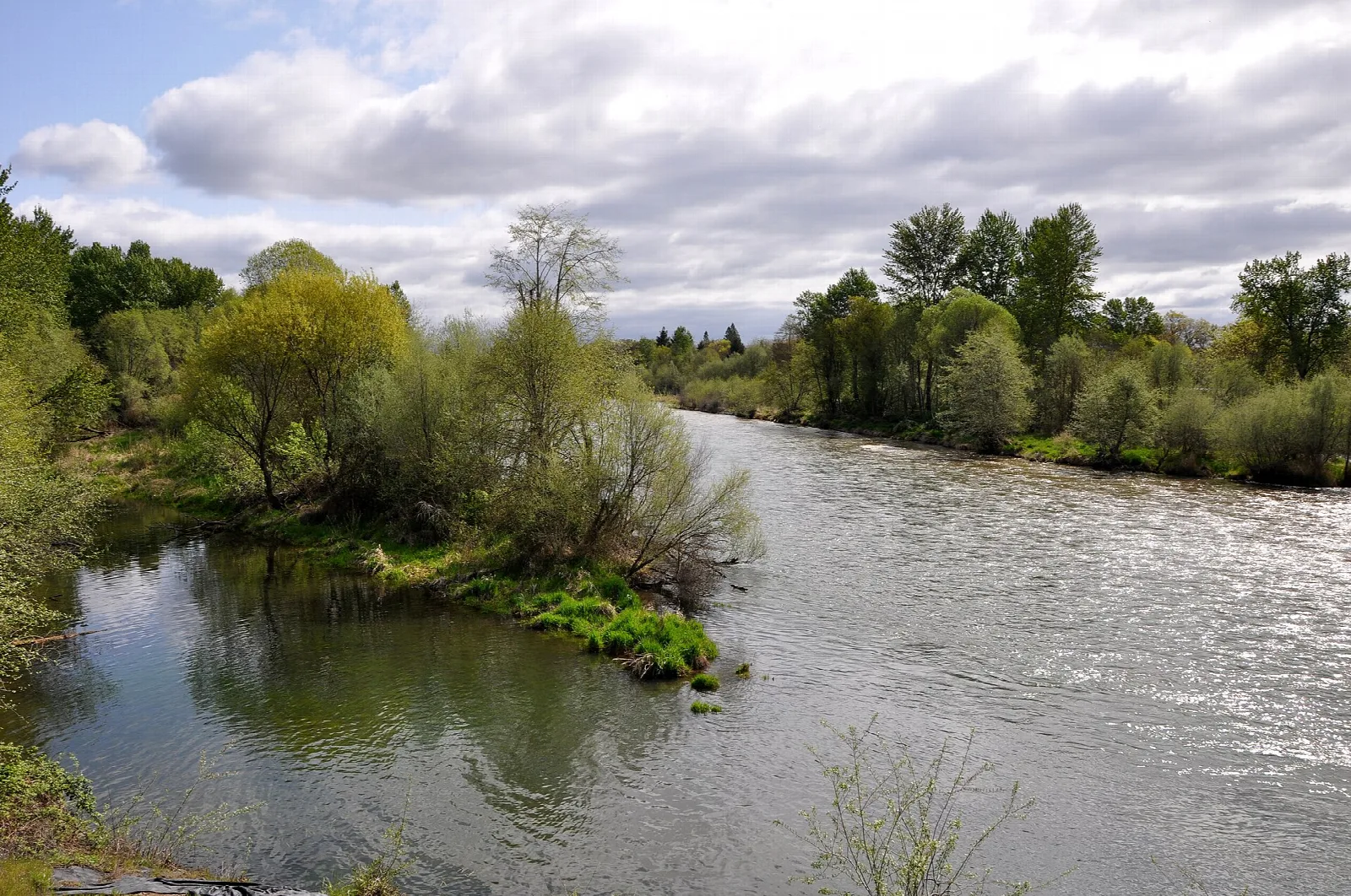 Wide river bend with trees along both banks under a cloudy sky