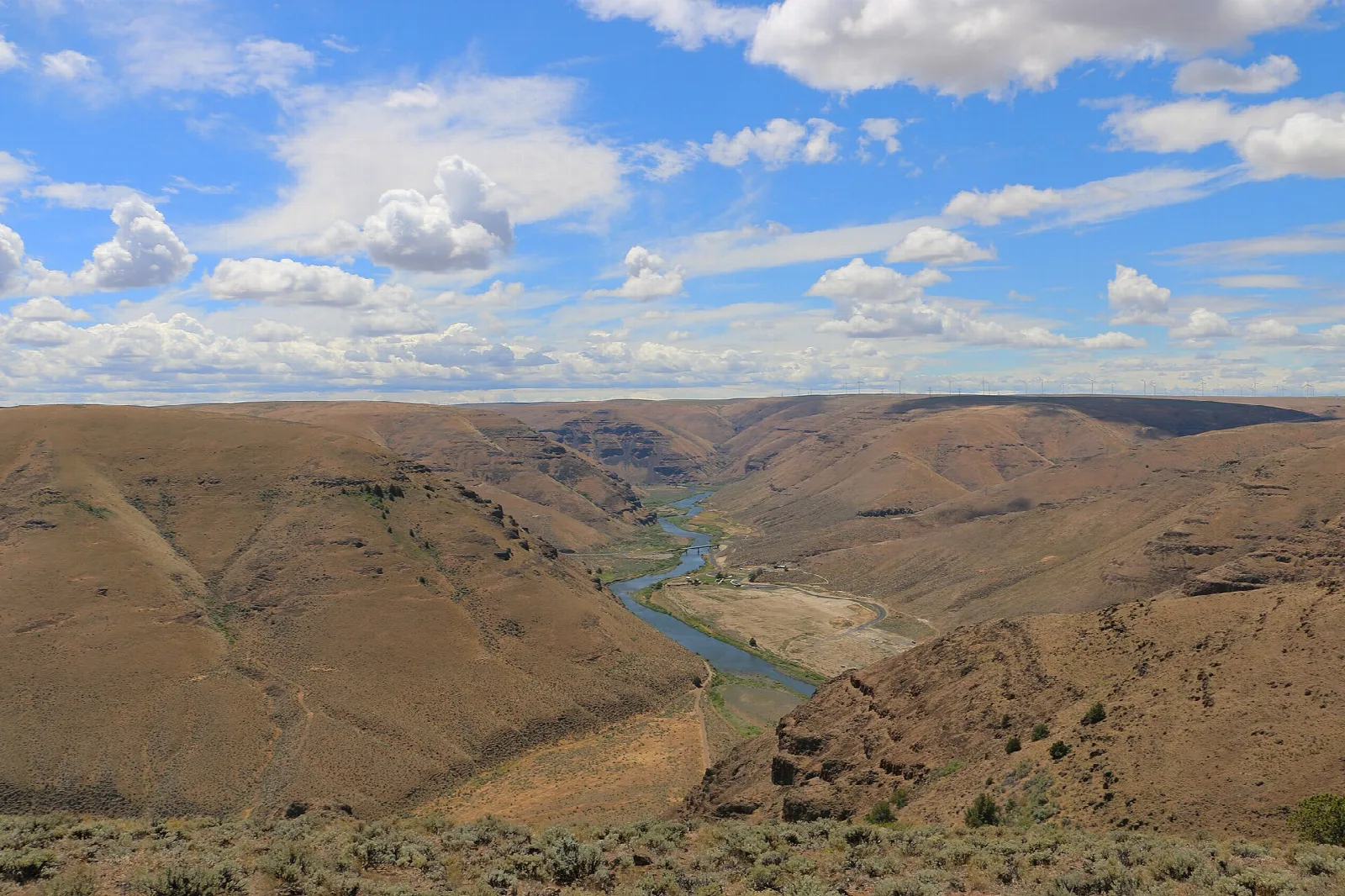 River winding through a deep canyon of brown hills under blue sky