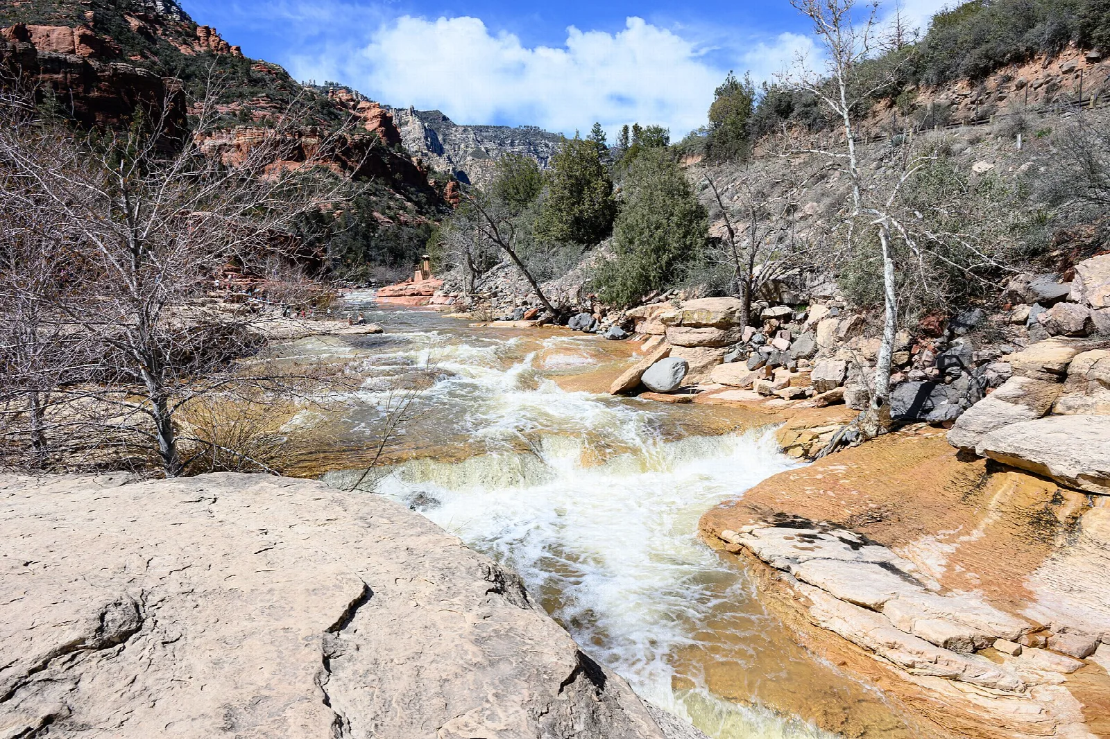Oak Creek rushing over smooth rock with red cliffs behind