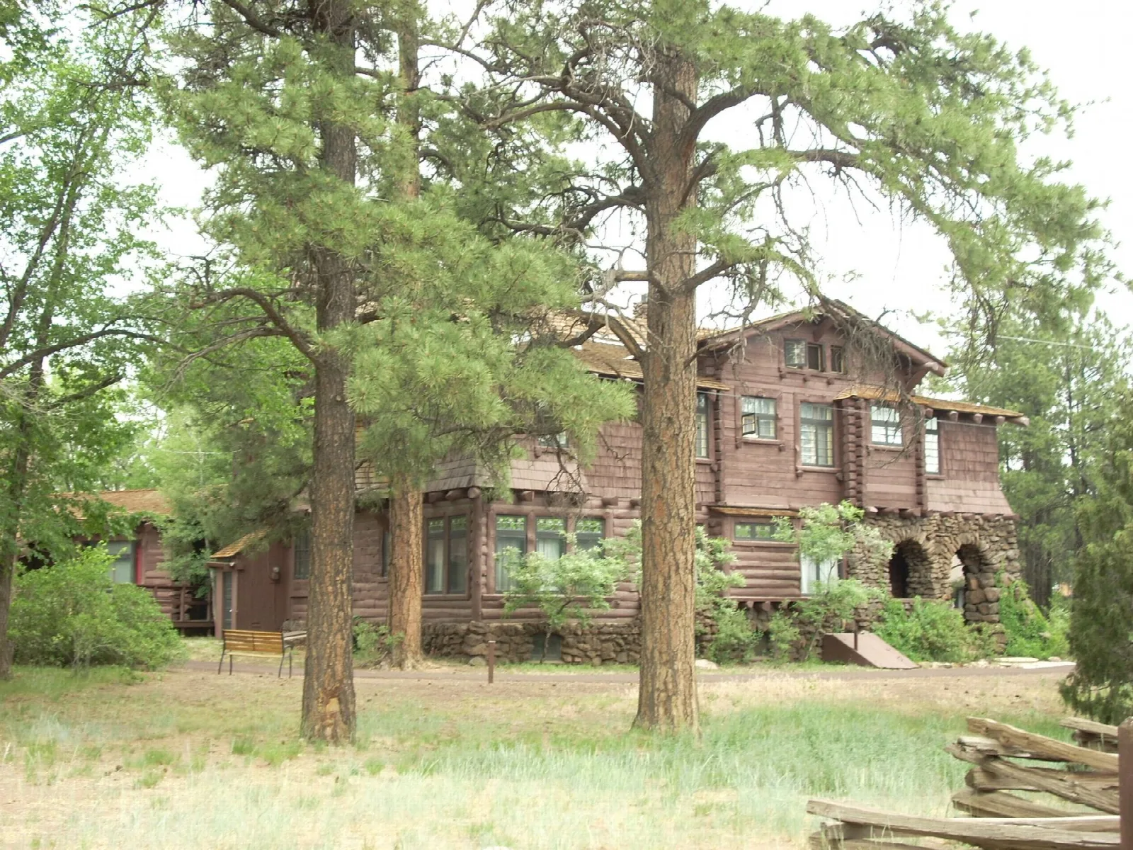 Large dark-timber mansion among tall pine trees on a grassy lawn