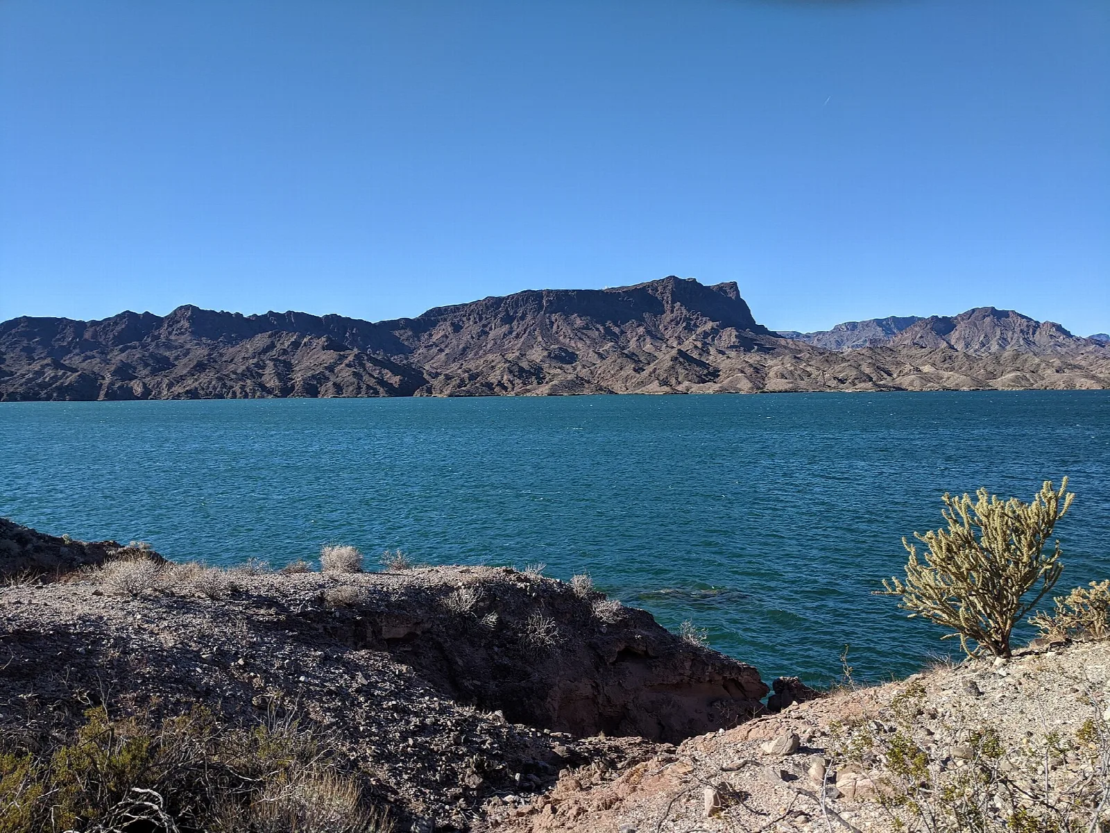 Blue lake backed by dark desert mountains, with rocky shoreline in the foreground