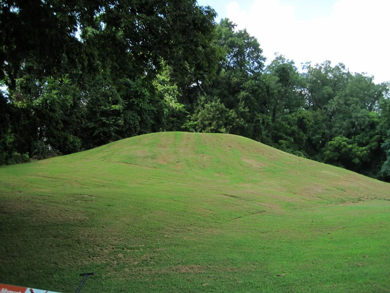 Grass-covered earthen mound with tall trees behind it