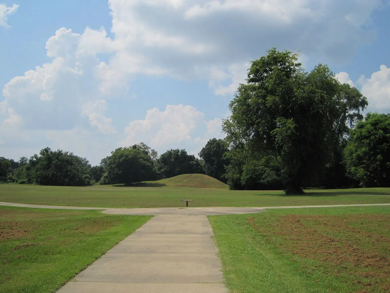 Concrete path leading across a mown lawn toward a grassy mound and big trees