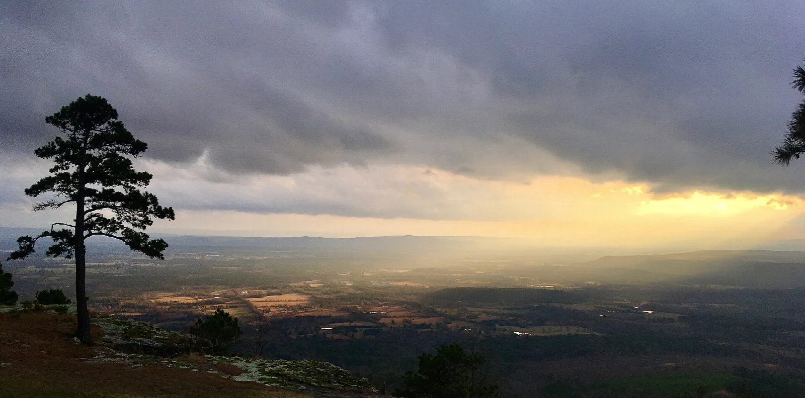 Dark clouds and golden light over a wide valley seen from a mountain pine