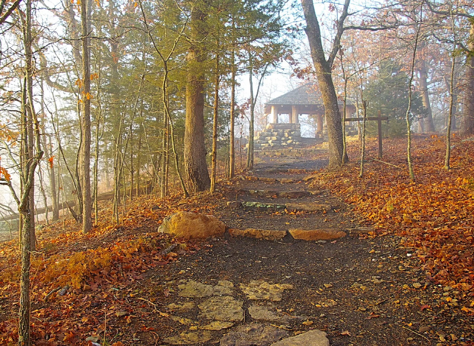 Stone path with fallen leaves leading up to a pavilion in light fog