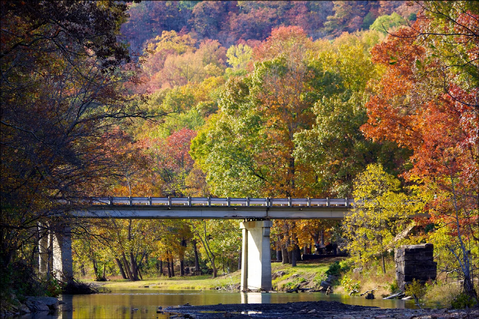 Concrete bridge over a creek surrounded by red and orange autumn trees