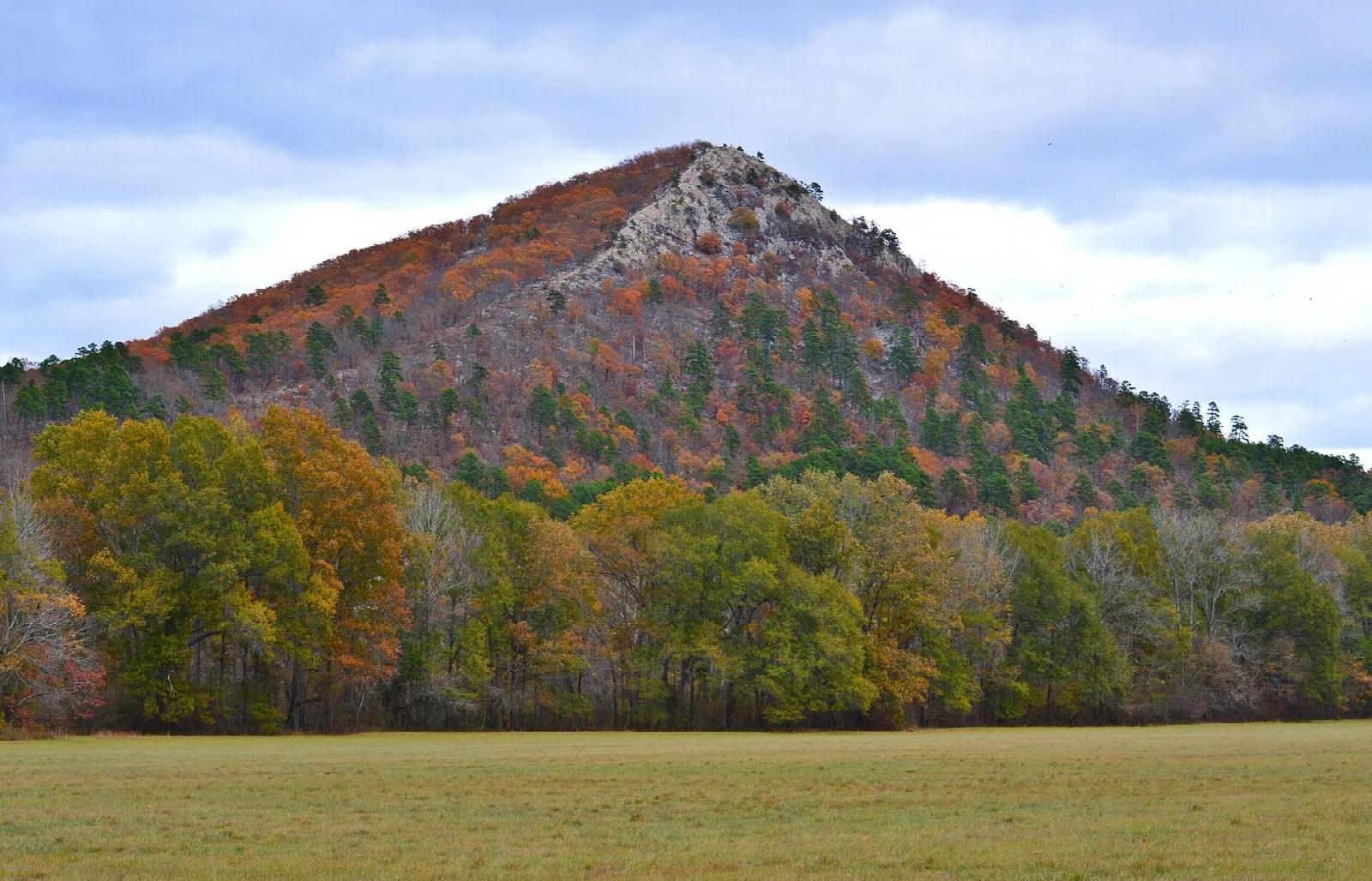 Rocky cone-shaped mountain with autumn trees above an open grass field