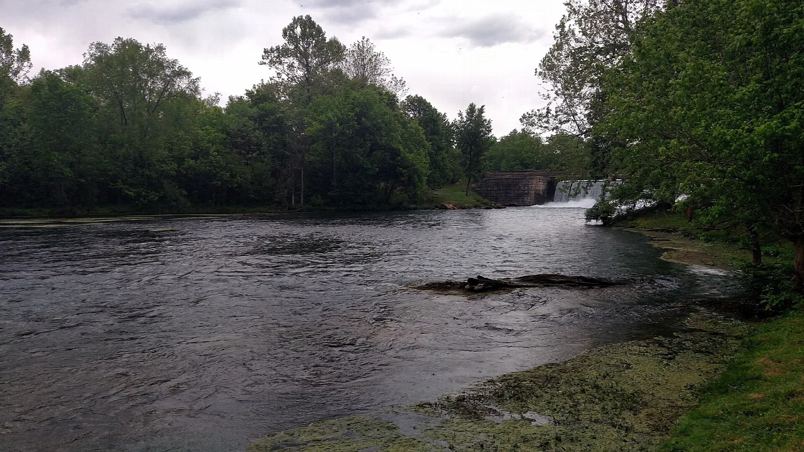 Wide river flowing downstream between wooded banks