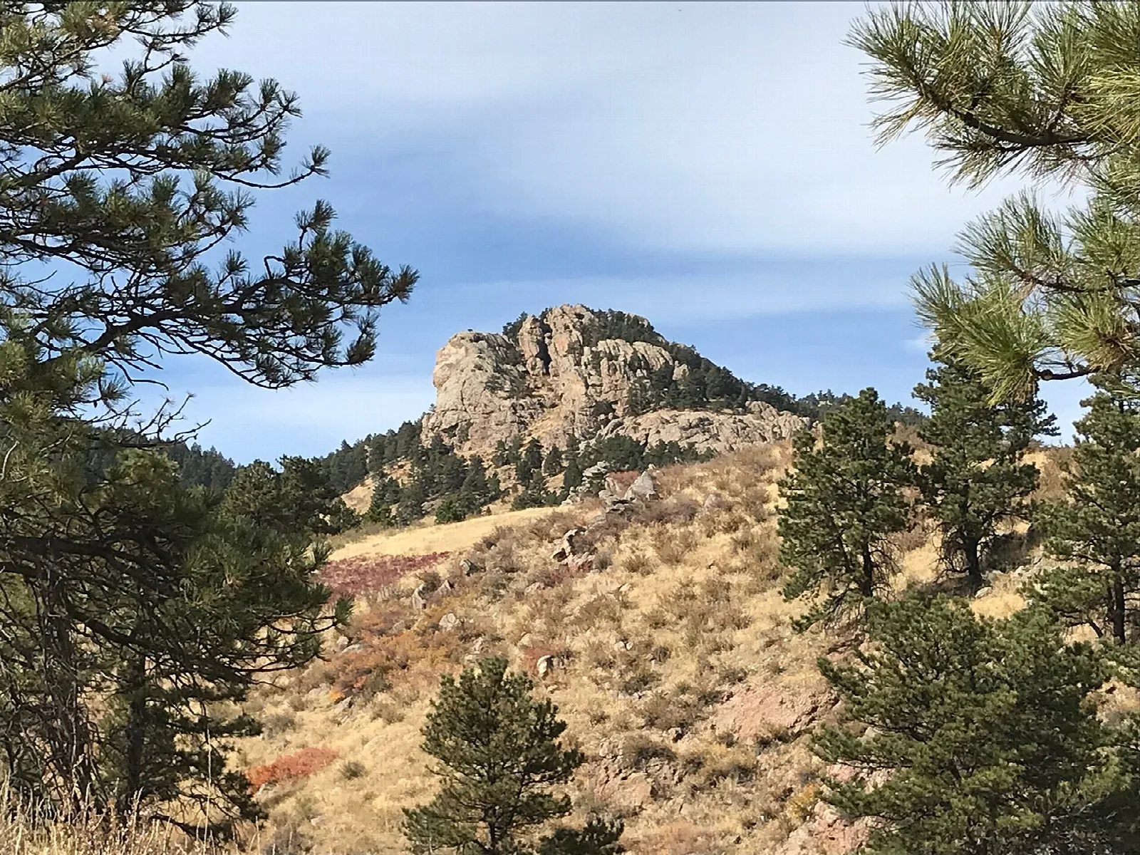 Rocky peak rising above pines and a dry hillside