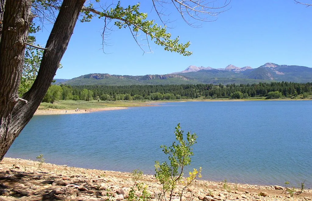 Blue reservoir with forested shore and the La Plata Mountains beyond