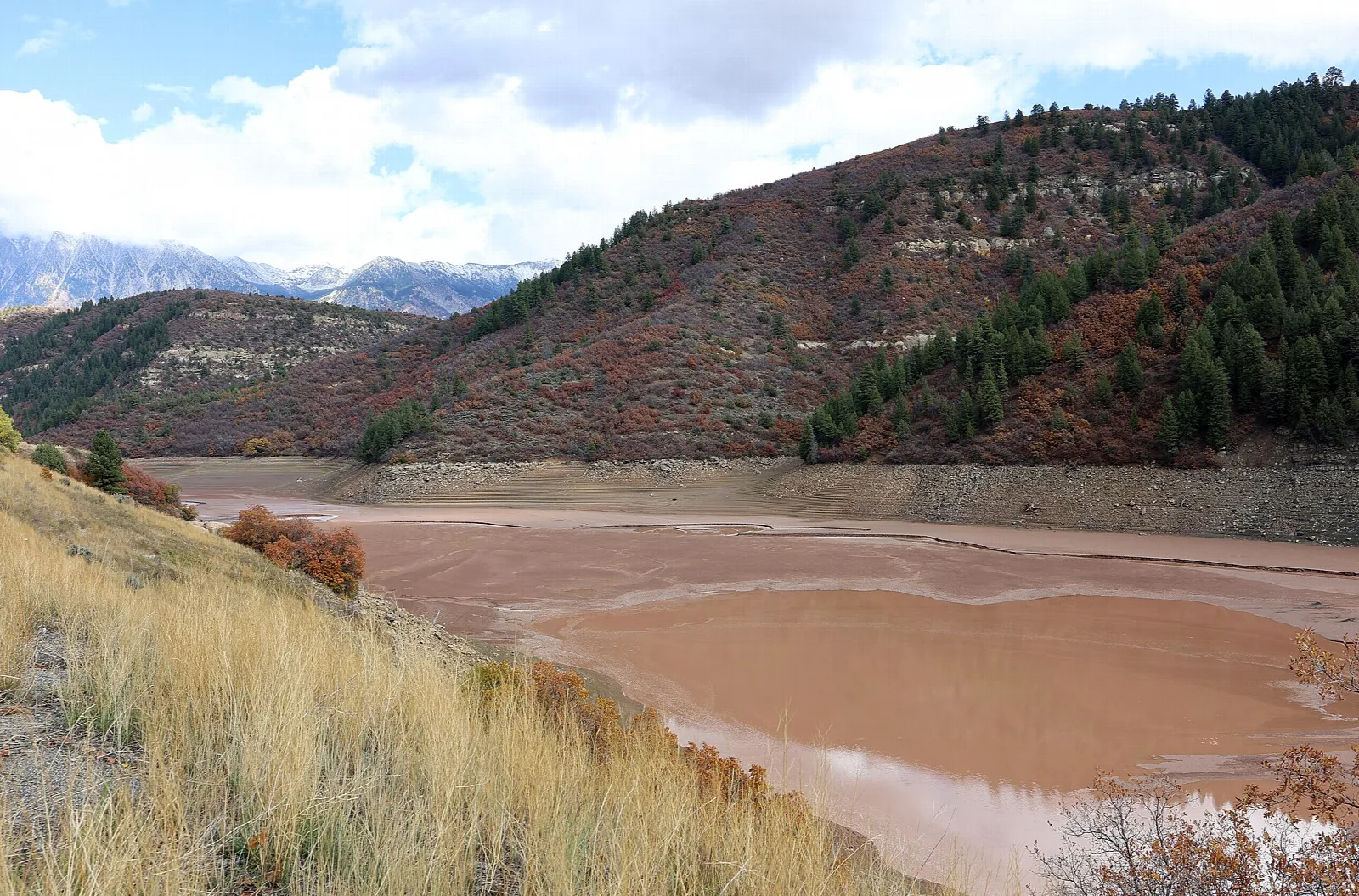 Drawn-down reservoir below forested hills in fall color