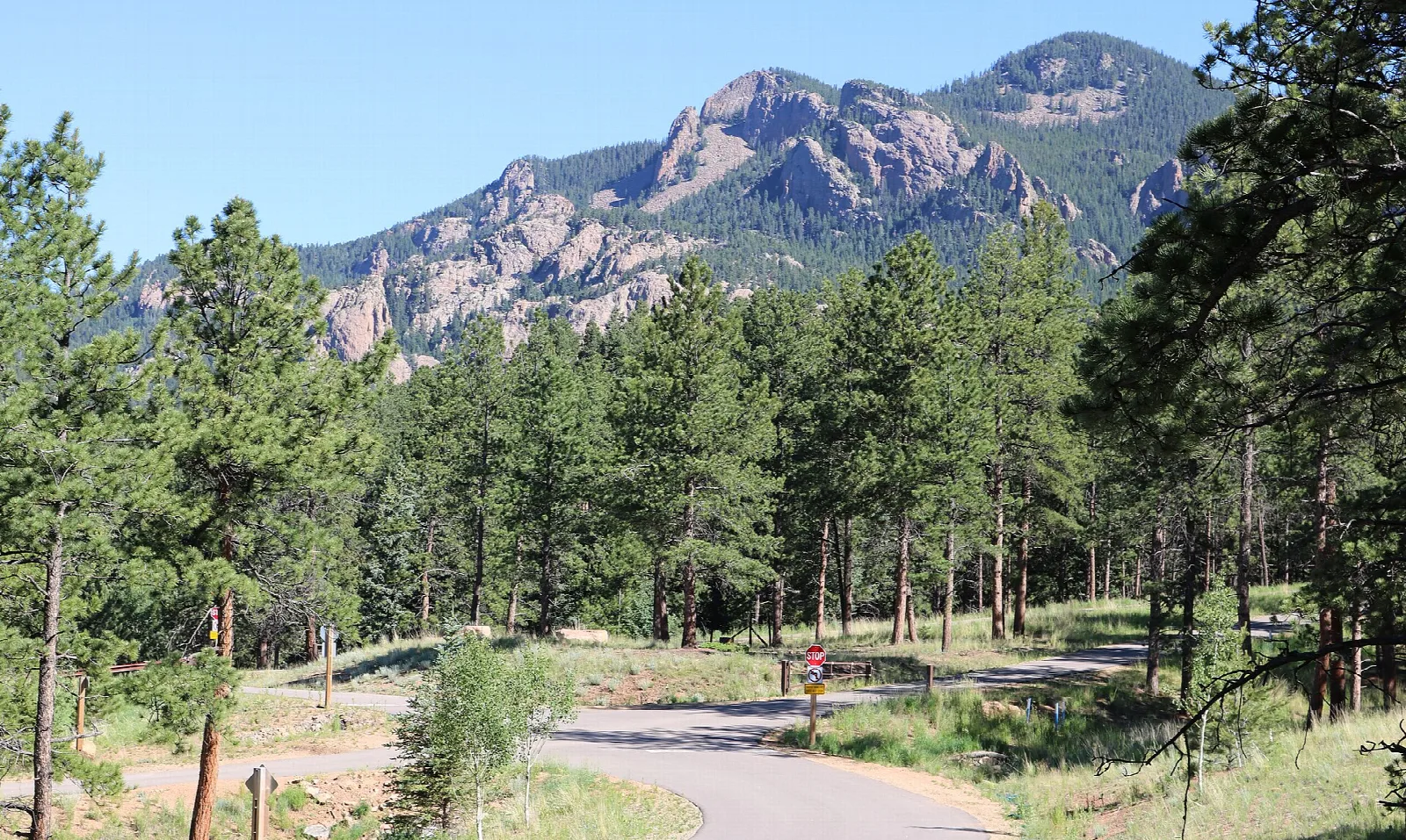 A paved trail through pine forest toward a rocky granite peak