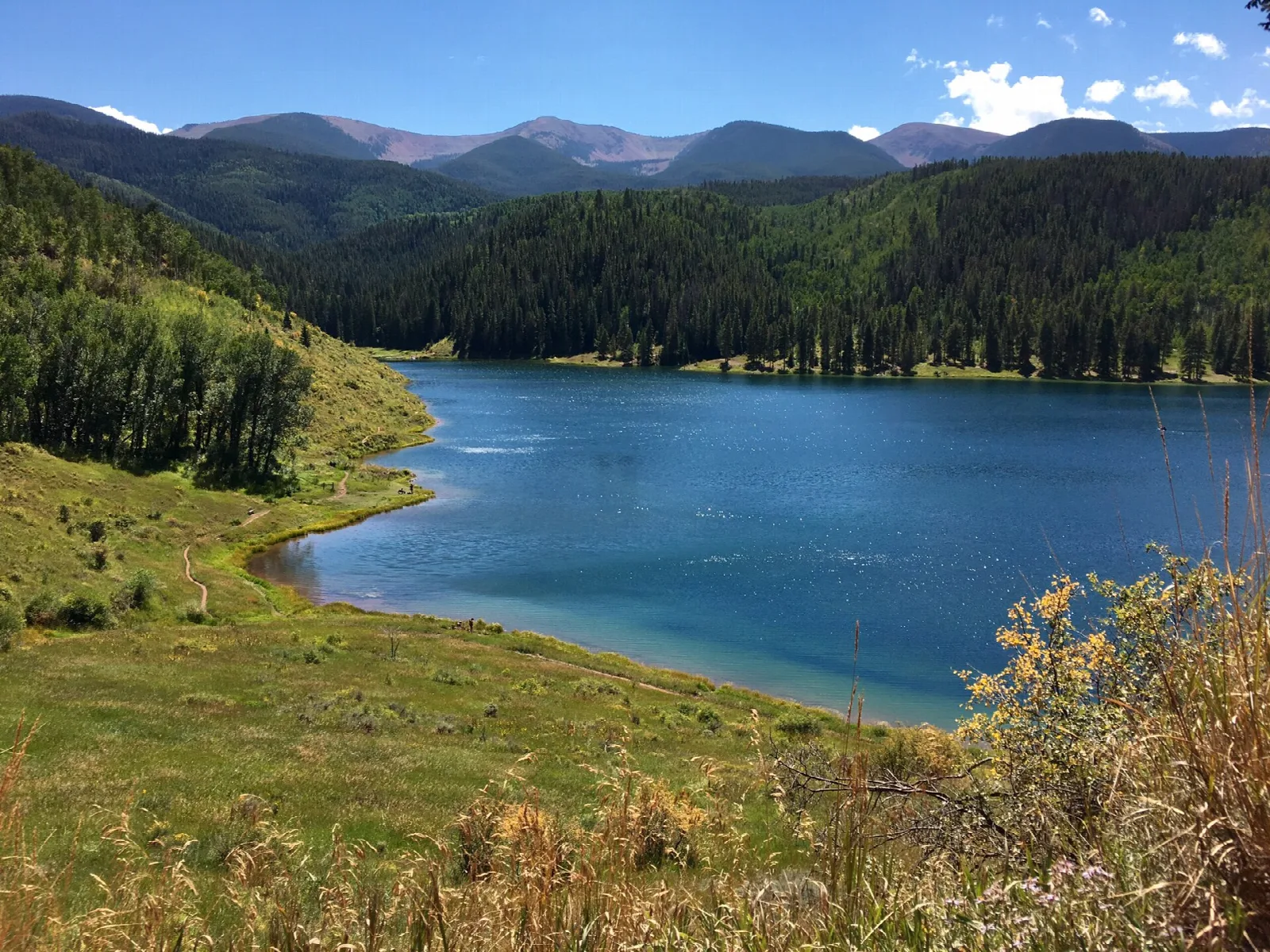 Blue lake with forested hillsides and distant mountains on a clear day