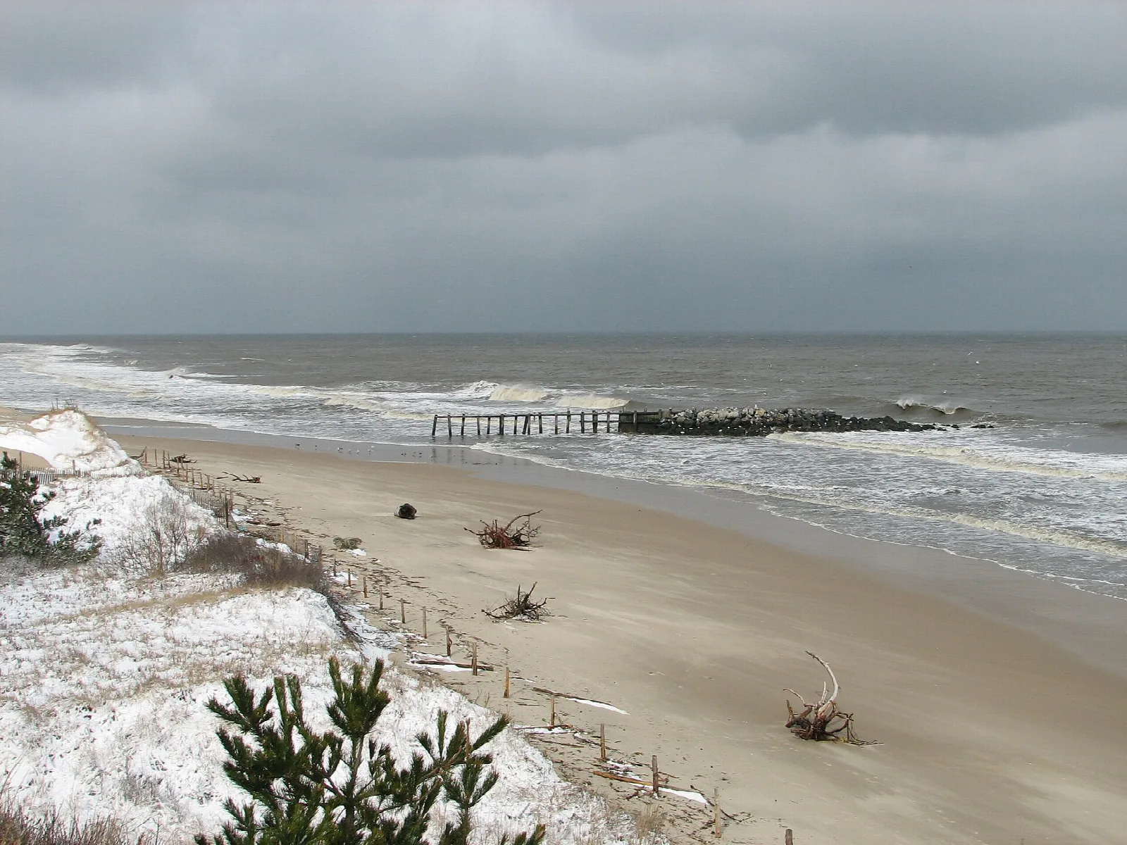 Sandy beach with surf and a wooden groin under a gray sky