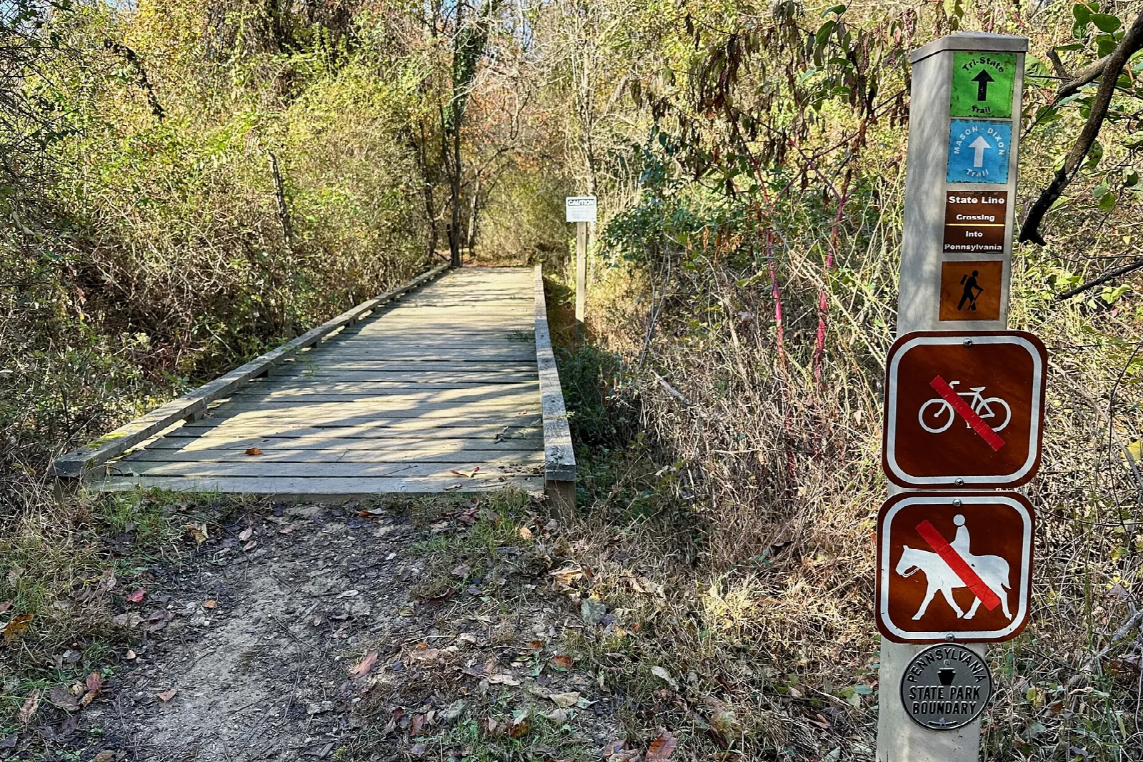 Wooden trail bridge and trail marker posts in autumn woods