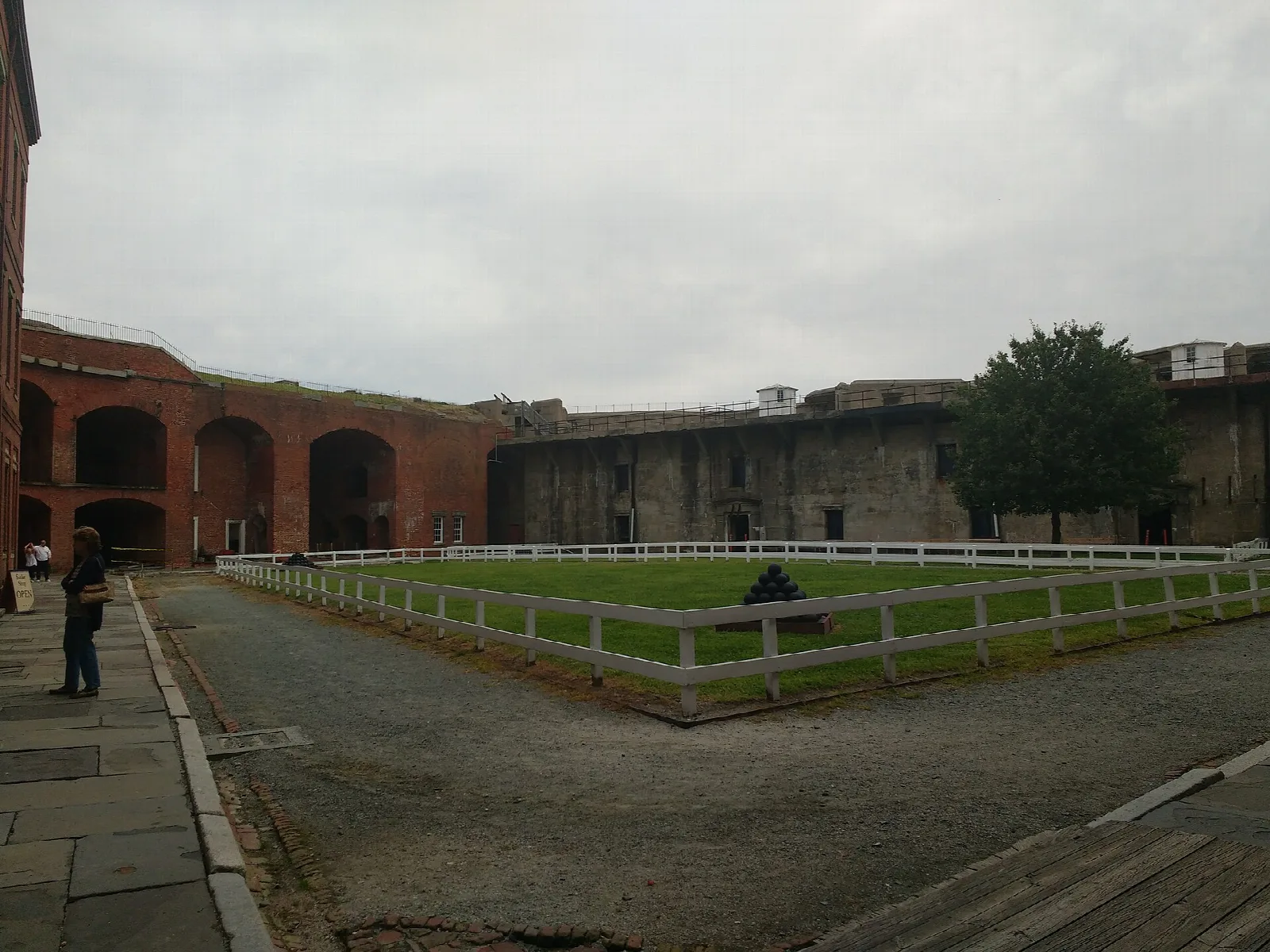 Brick arches and a parade ground inside the fort