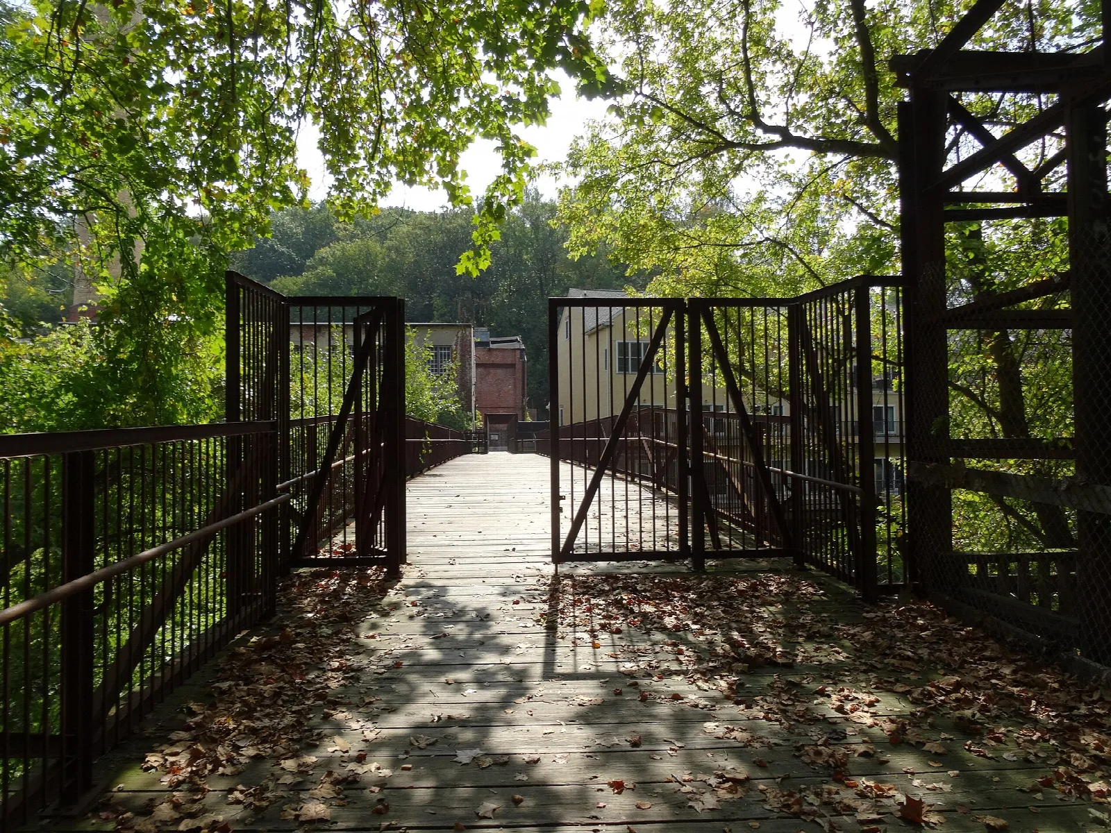 Wooden walkway with iron gates leading across the creek among trees