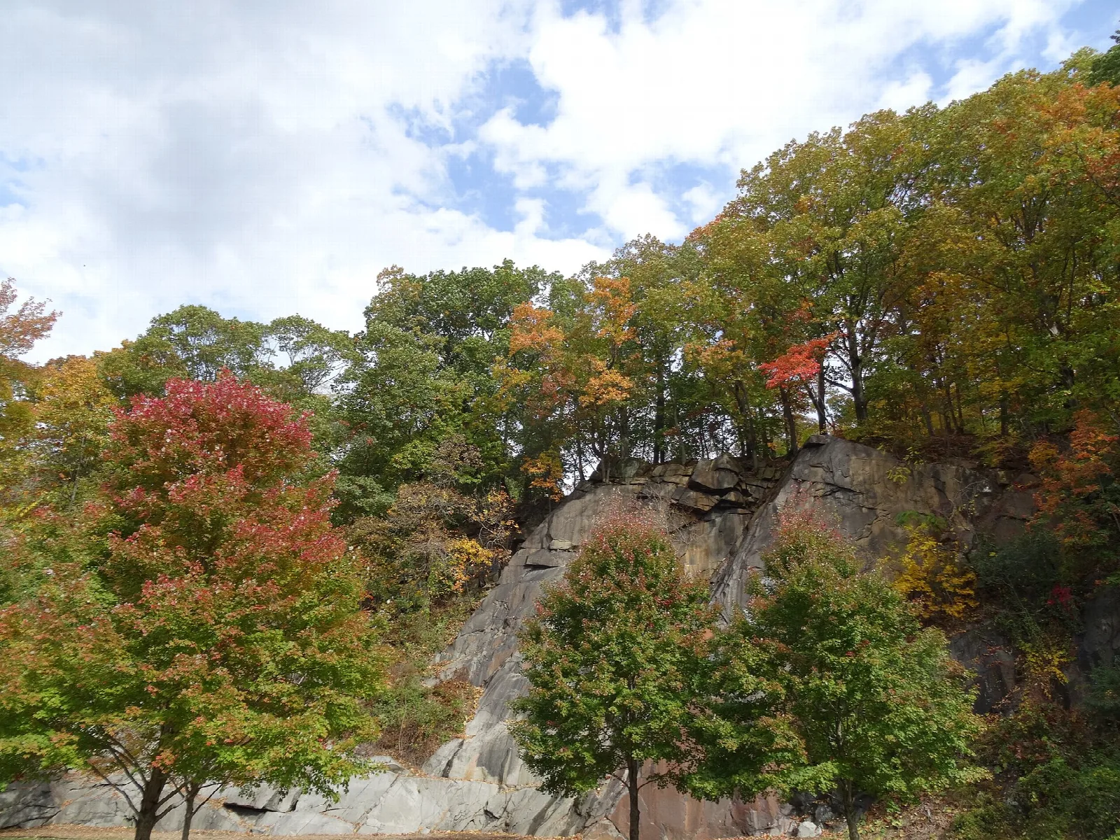 Rocky cliff with colorful fall trees below a cloudy sky