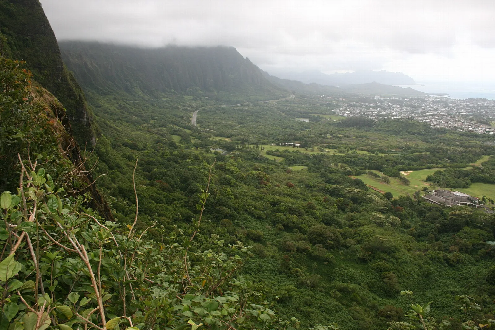 Steep green cliff face over a wide valley under low clouds
