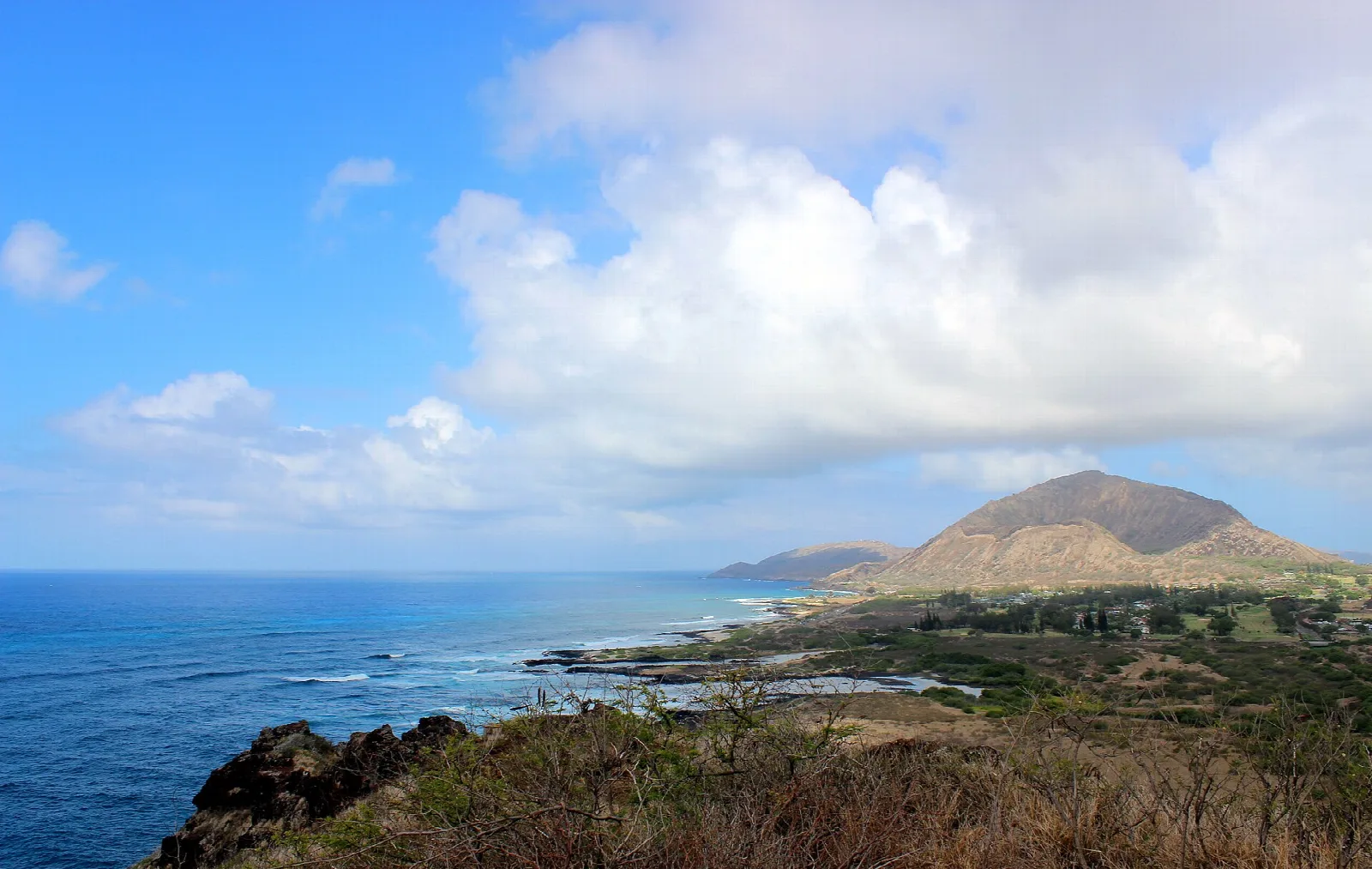 Koko Head crater above a green coastal plain and blue ocean