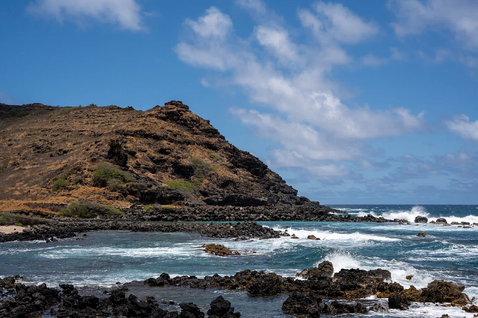 Brown rocky point with surf breaking on black lava rocks