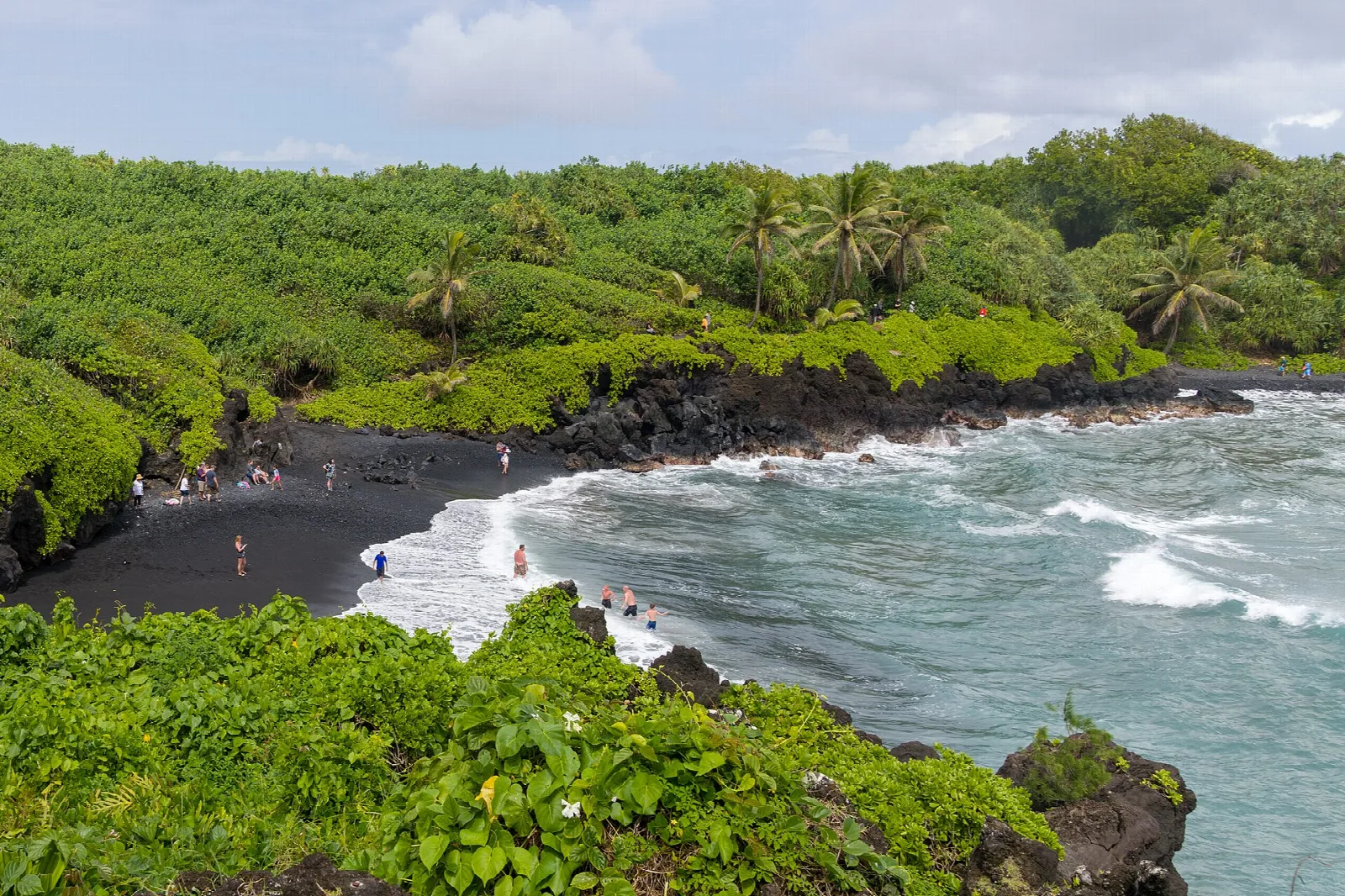 Black sand beach with waves and green coastal forest on the cliffs above