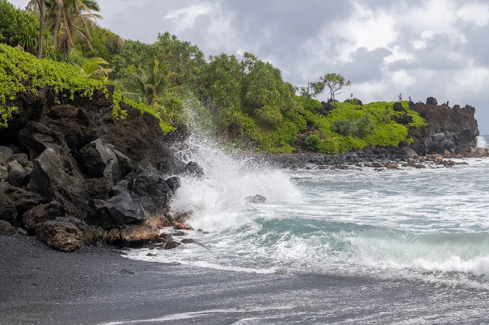 Wave breaking on a black sand beach beside a green lava headland