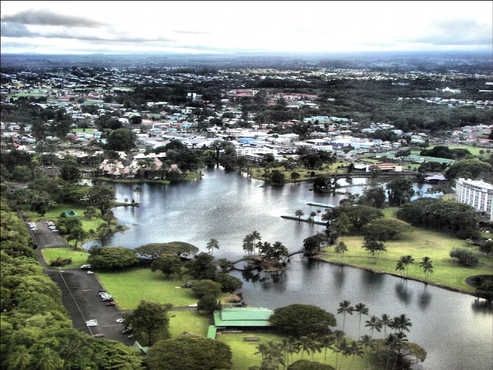 Aerial view of a pond and green park beside the town of Hilo