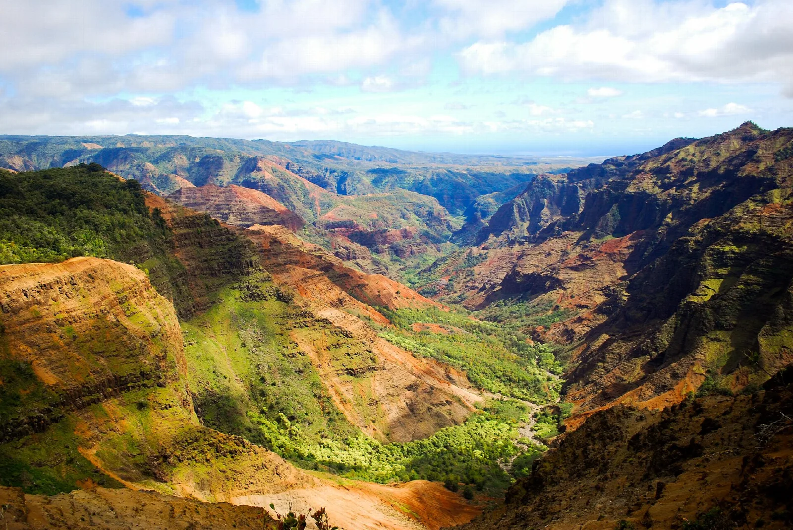 A deep red and green canyon under scattered clouds