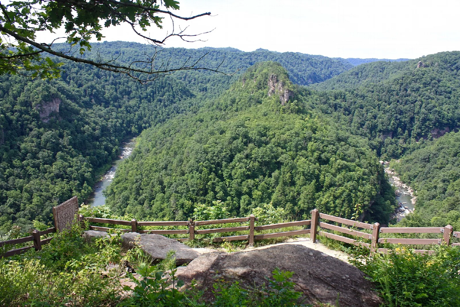 Wooden railing at an overlook above a forested river gorge