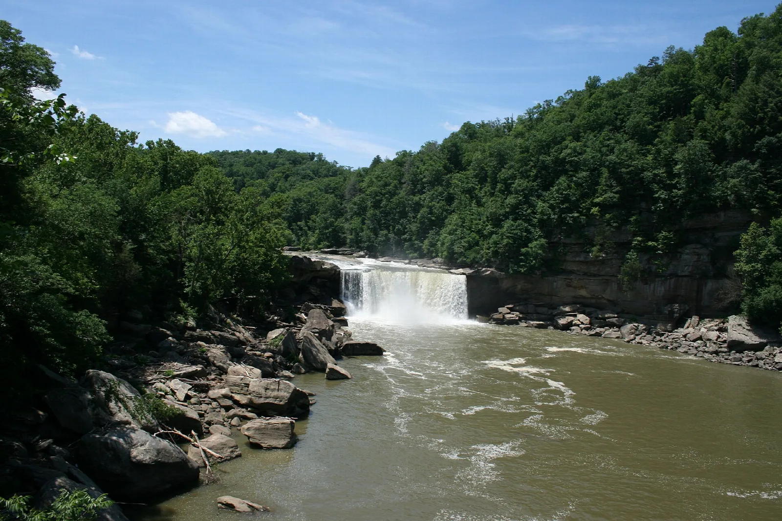 Distant waterfall across a river with rocks in front and forested bluffs behind